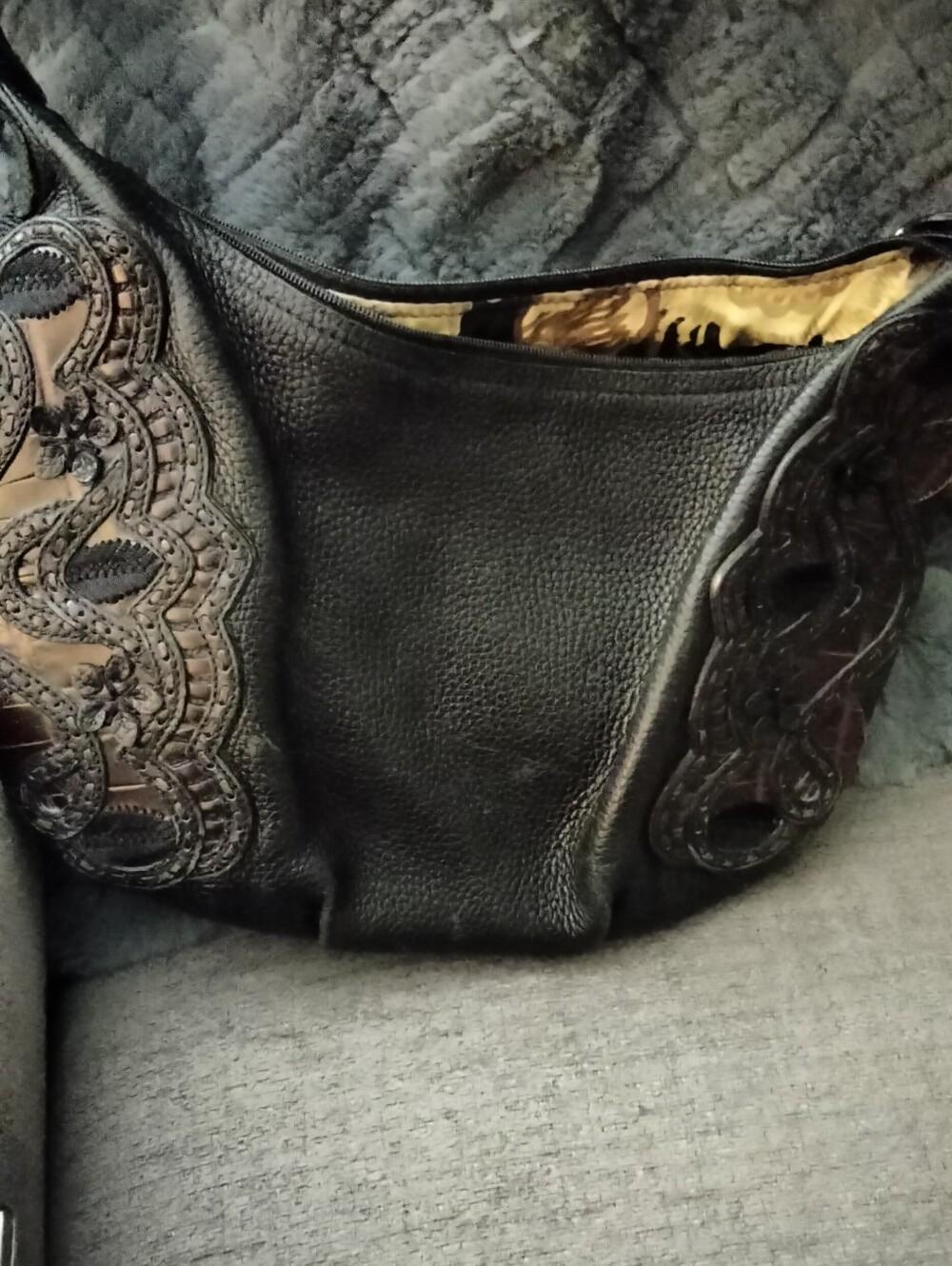 Brighton Black Leather Shoulder Bag with Decorative Appliqué